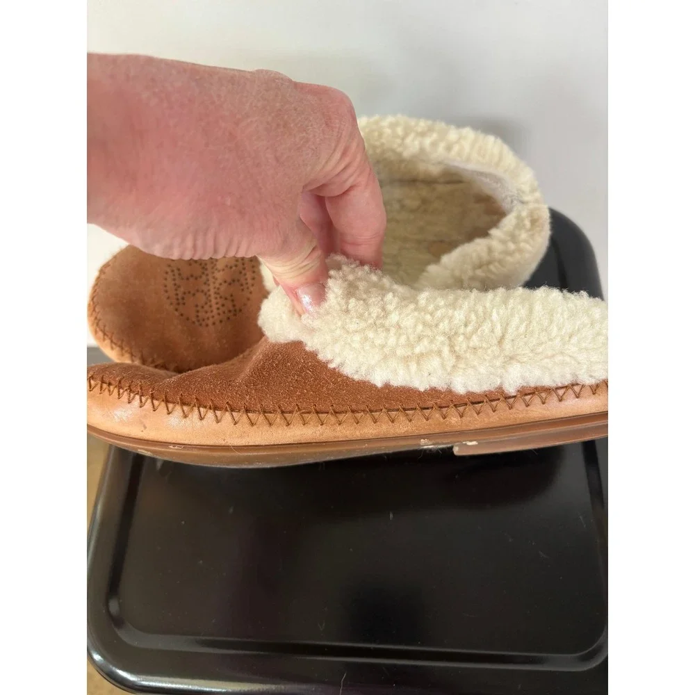 Tory Burch Tan Suede Shearling Lined Logo Moccasin Slippers Mules Womens 9.5in